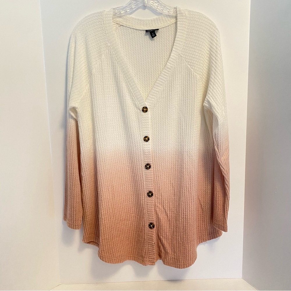 Torrid Waffle Dip-Dye V-Neck Button Front Long Sleeve Top Blush Plus Size 0
